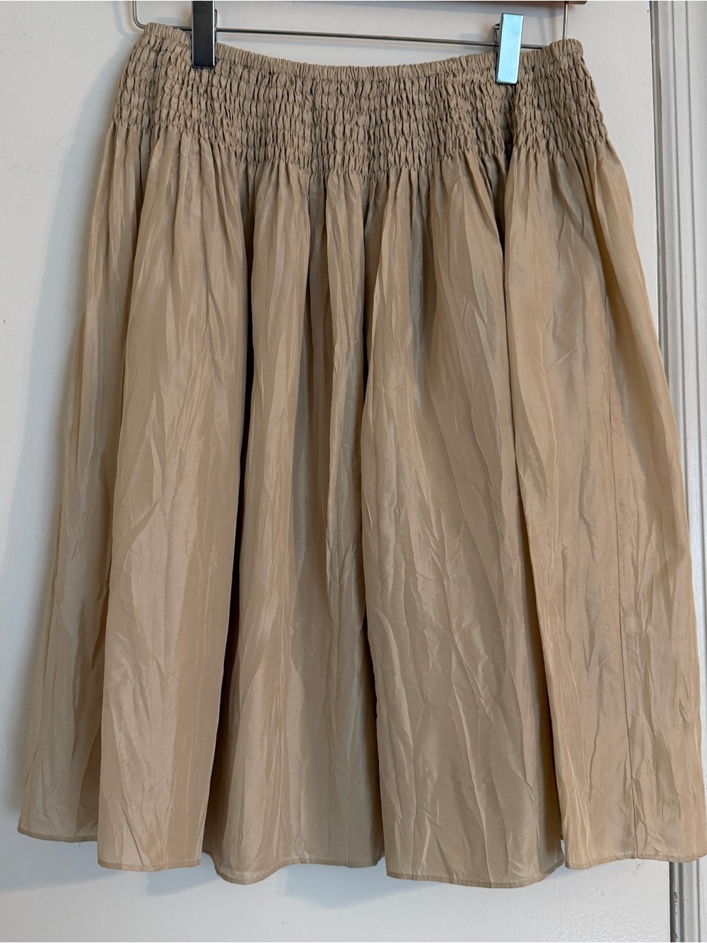New York & Company Silk Skirt Romantic Ruched Waist Beige Knee Length Intimates